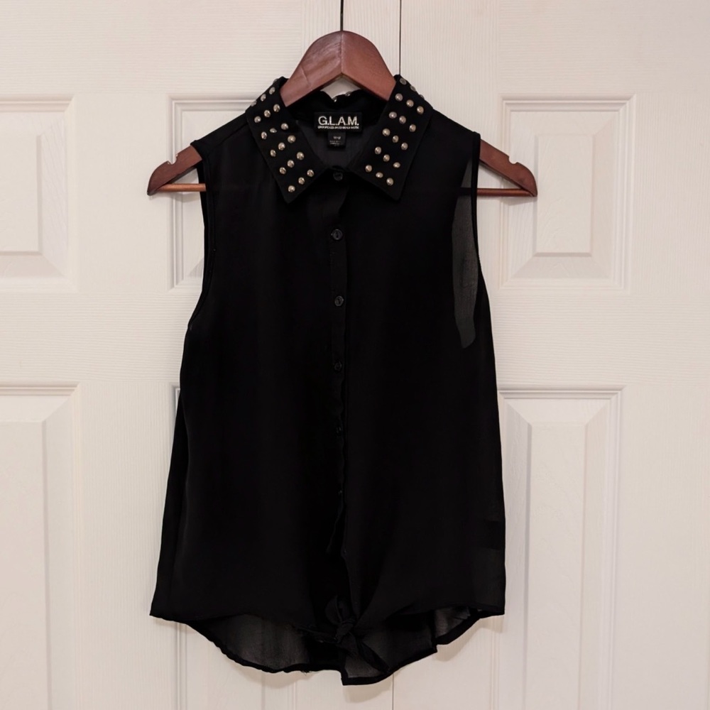 GLAM Tie Bottom Studded Collar Sheer Tank Top Shirt Size Medium